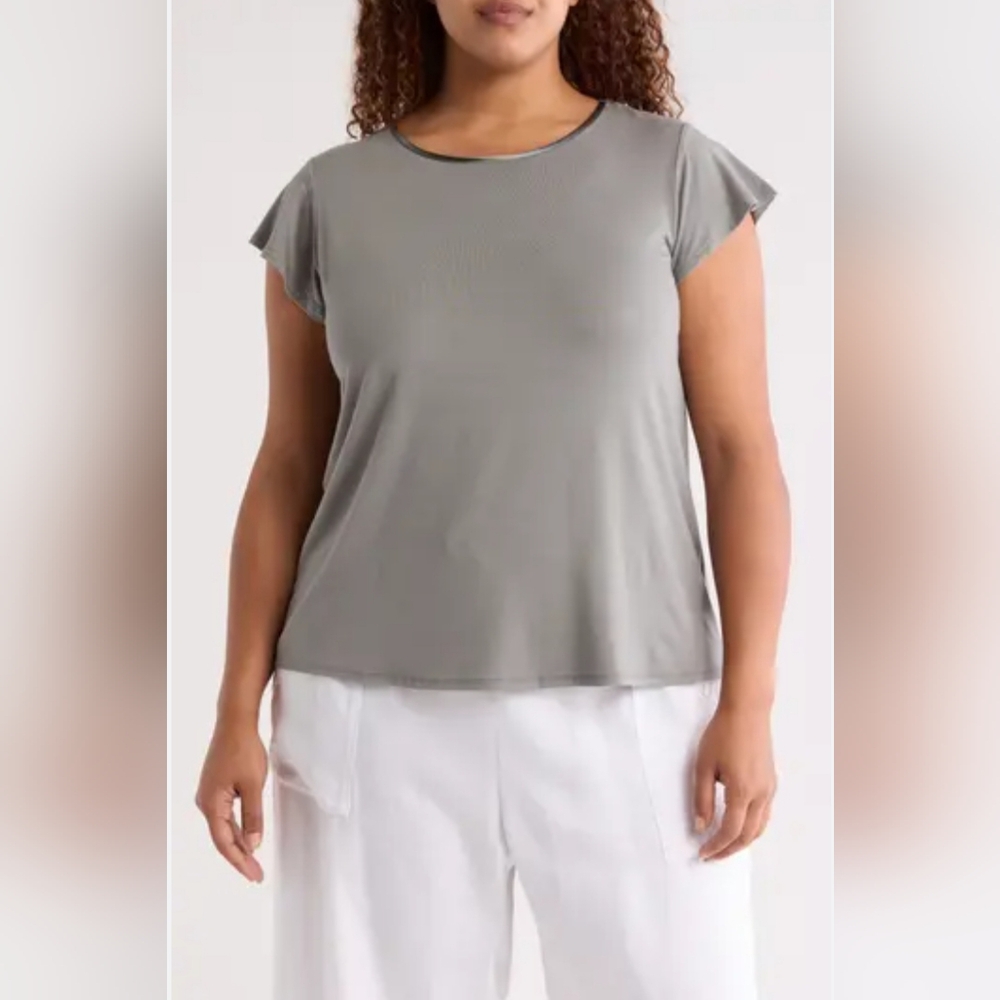 T Tahari Gray Satin Trim Flutter Cap Sleeve Shirt Size Size XL Casual Career Top